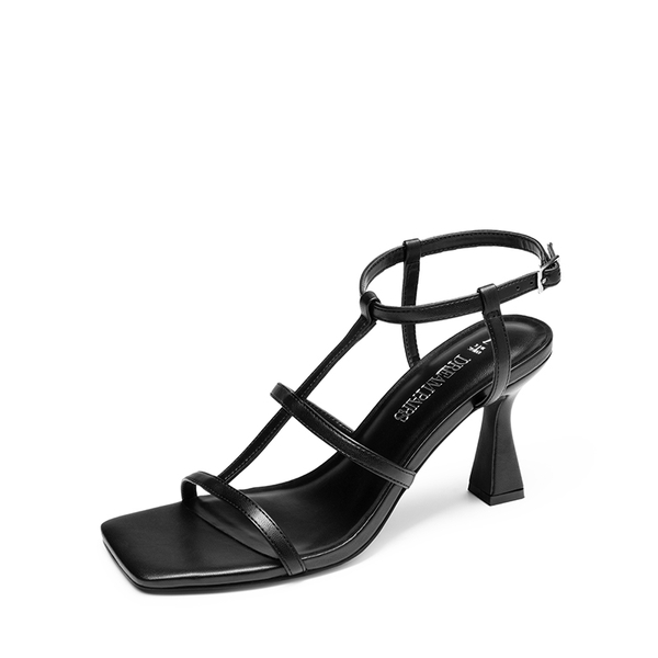 T-strap Square Toe Heel Sandals - BLACK -  0